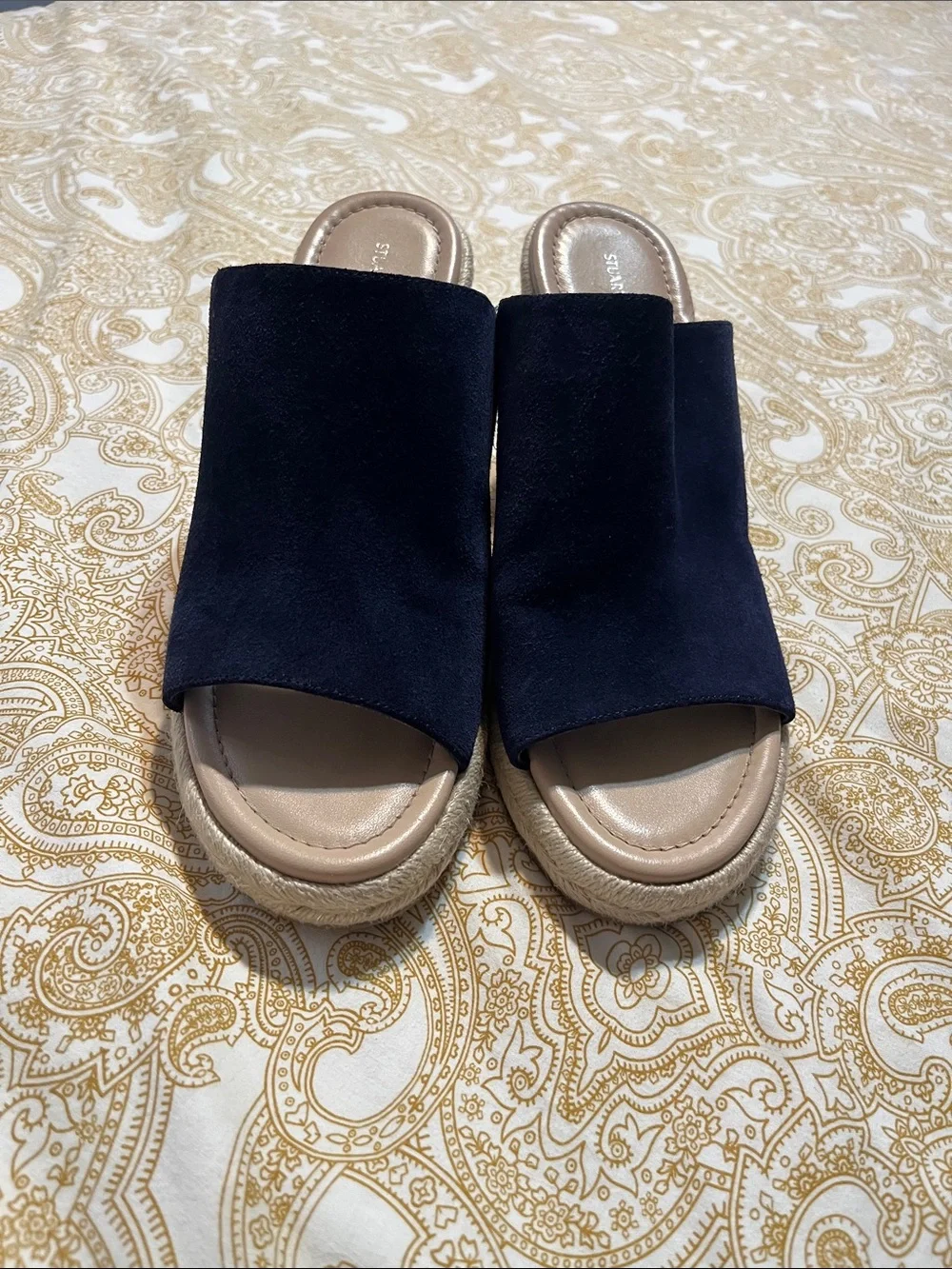 Stuart Weitzman Navy Suede Espadrille Slide Sandals with Tan Footbed - Picture 9 of 10